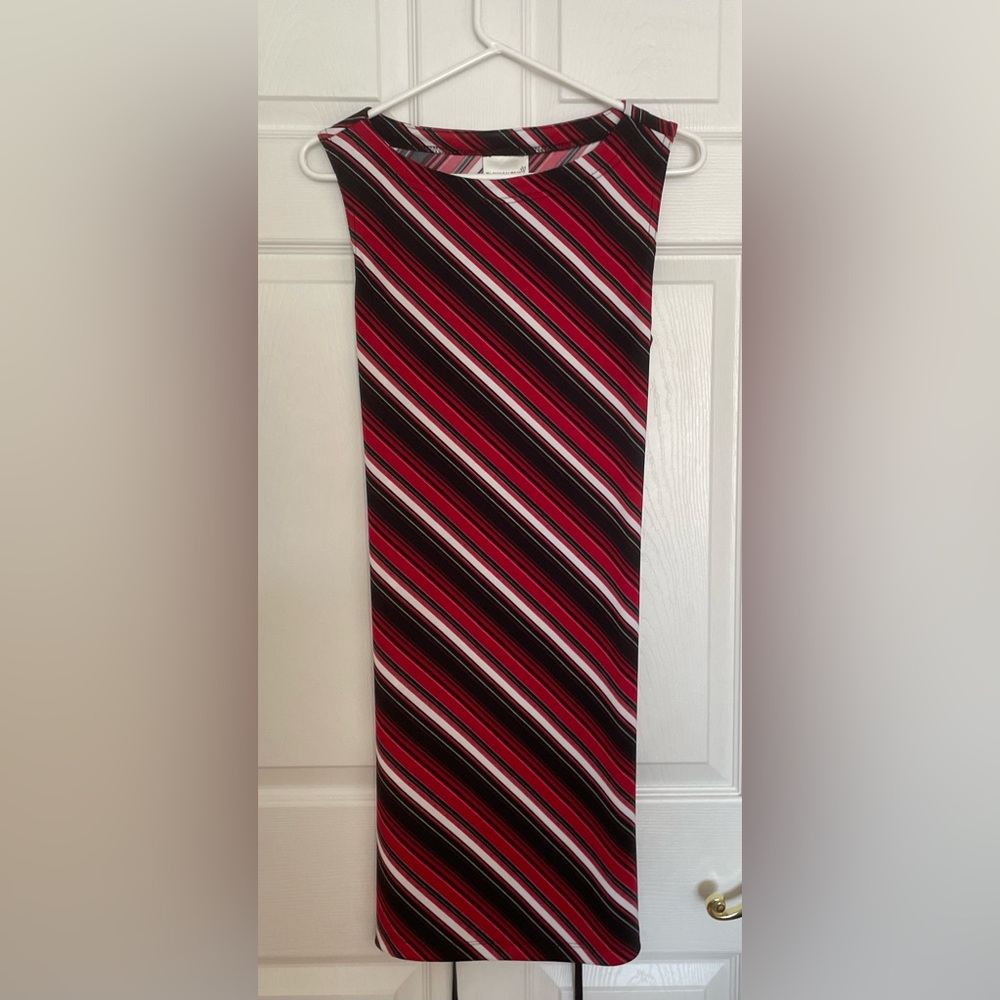 Vintage red, black and white striped sheath dress that ties in the front